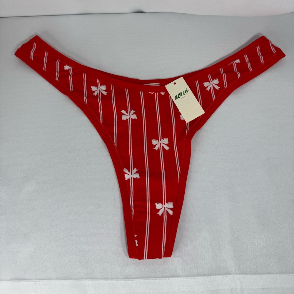 aerie Red Thong Panties with White Bow & Stripe Print